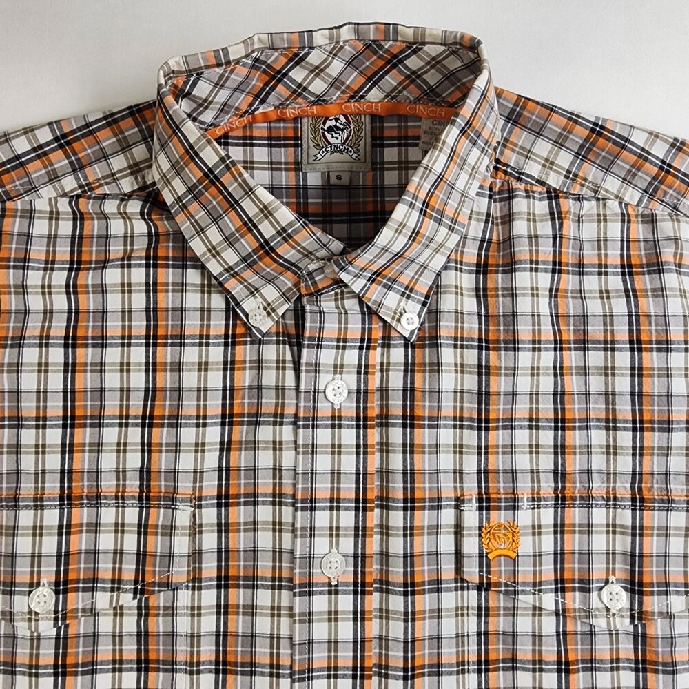 Cinch Shirt Mens S Small Orange GrayPlaid Button Down Long Sleeve Western Cotton - Picture 2 of 8